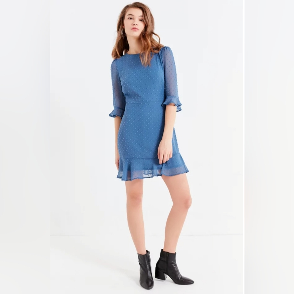 Urban Outfitters Swiss Dot Ruffle‎ Hem Mini Dress Blue Womens 6